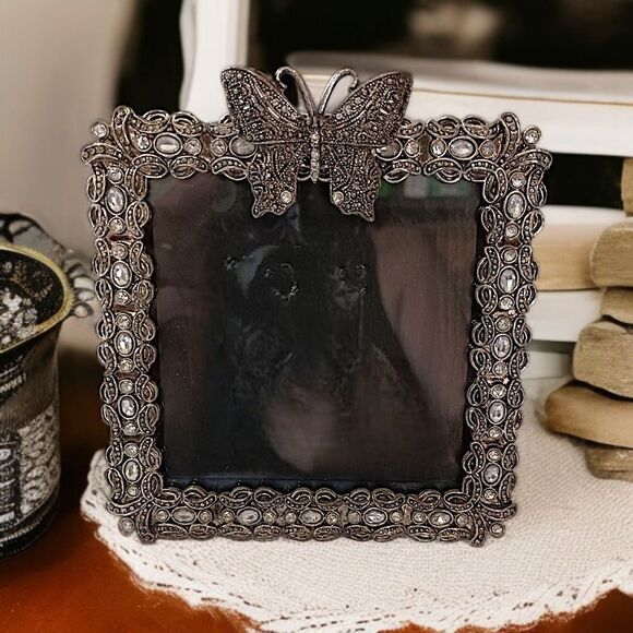 Butterfly Floral Picture Frame Ornate Metal Rhinestones Fairy Cottage Whimsigoth - Picture 15 of 16